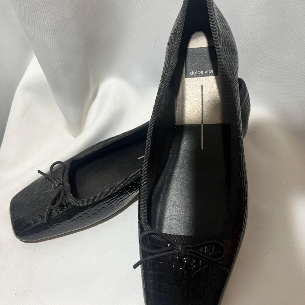 Dolce Vita Black Croc Embossed Ballet Flats Square Toe Bow Loafers Size 9 - Picture 4 of 7